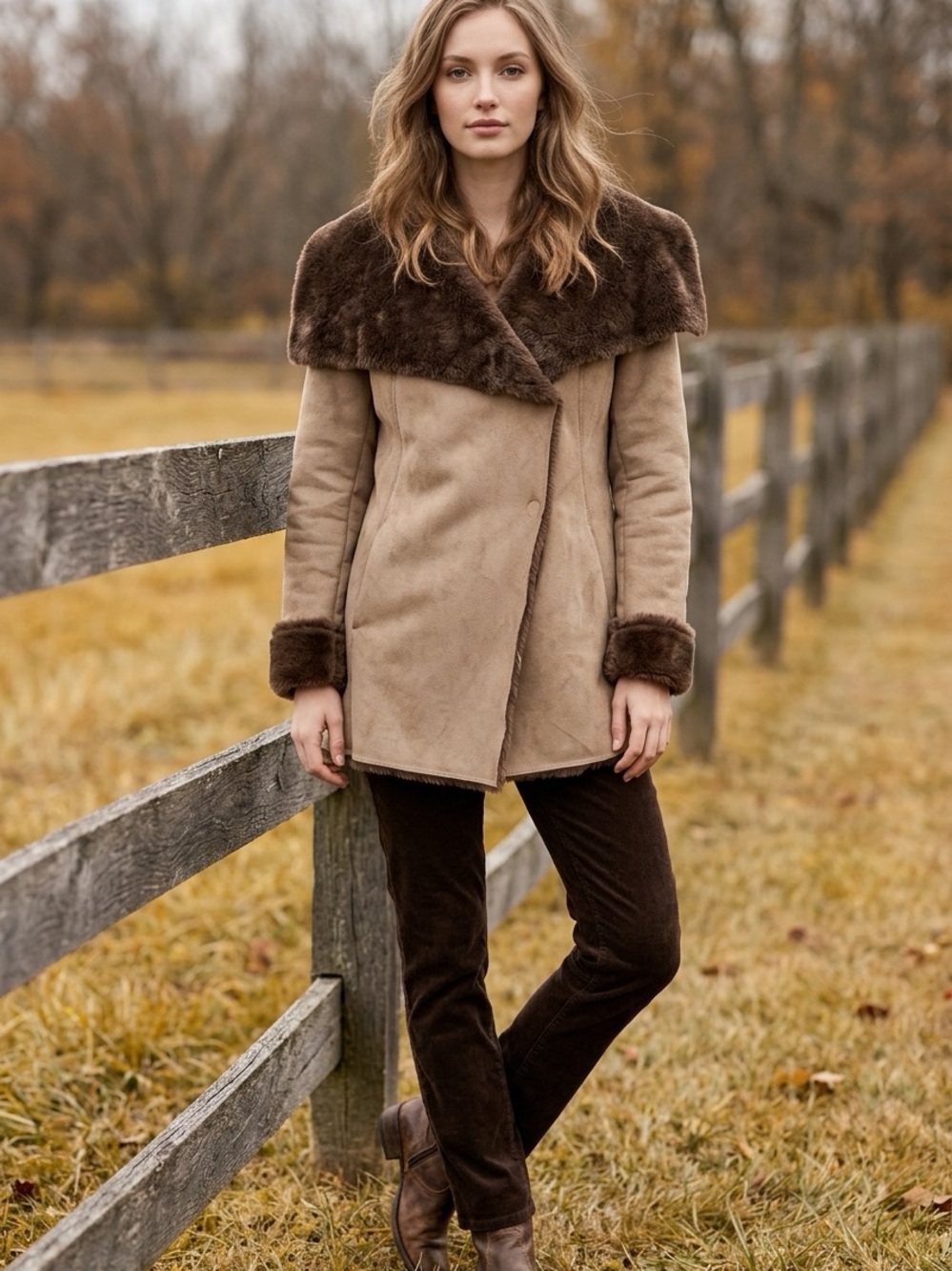 Jennifer Lopez Suede Faux Shearling Jacket in Taupe and Dark Brown